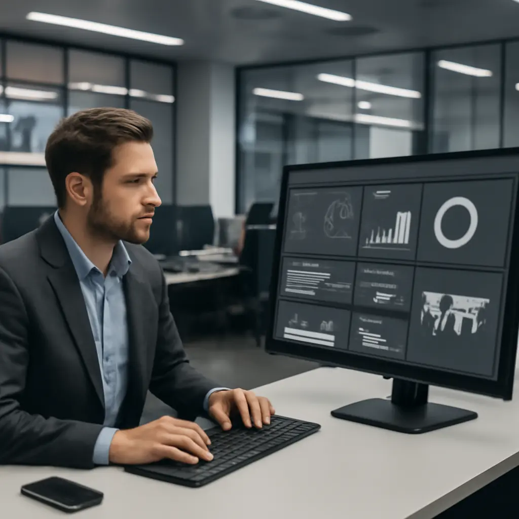 AI and Reporter Collaboration A newsroom with both AI interfaces and human reporters collaborating