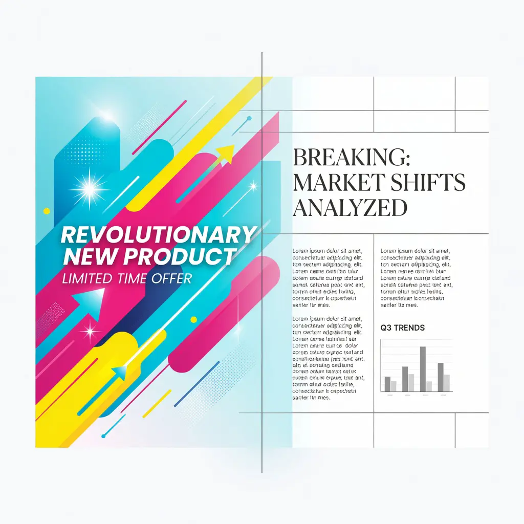 Split screen visual comparing a casino advertisement layout on one side and an editorial news article on the other to illustrate commercial and editorial content overlap