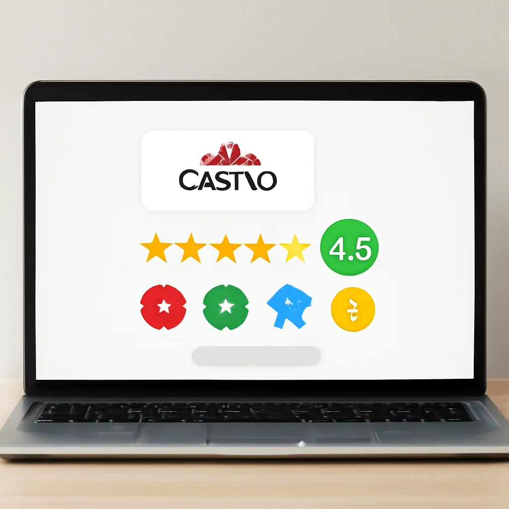 A laptop displaying casino review ratings and a list of features