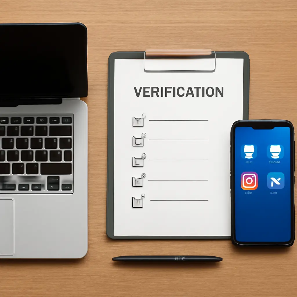 Checklist, laptop, and verification tools laid out on a table