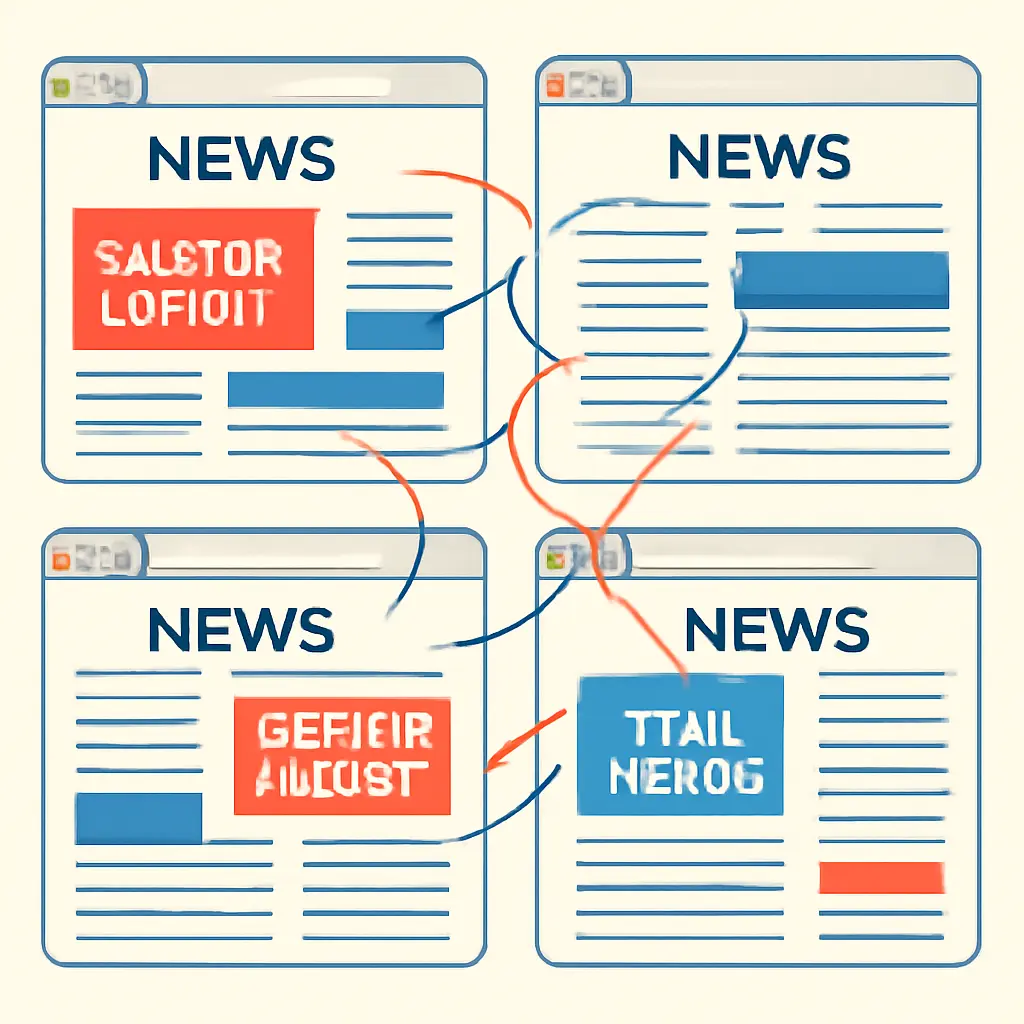 Cross-referencing news sources Comparison chart showing multiple news sources being cross-referenced for accuracy verification