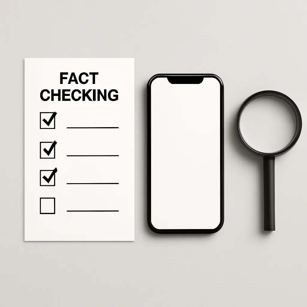 Journalist fact-checking documents and digital sources