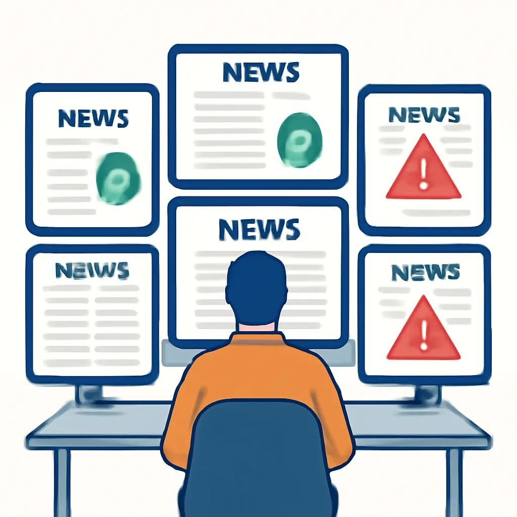 Media literacy concept Person analyzing multiple news sources on a digital screen with verification checkmarks