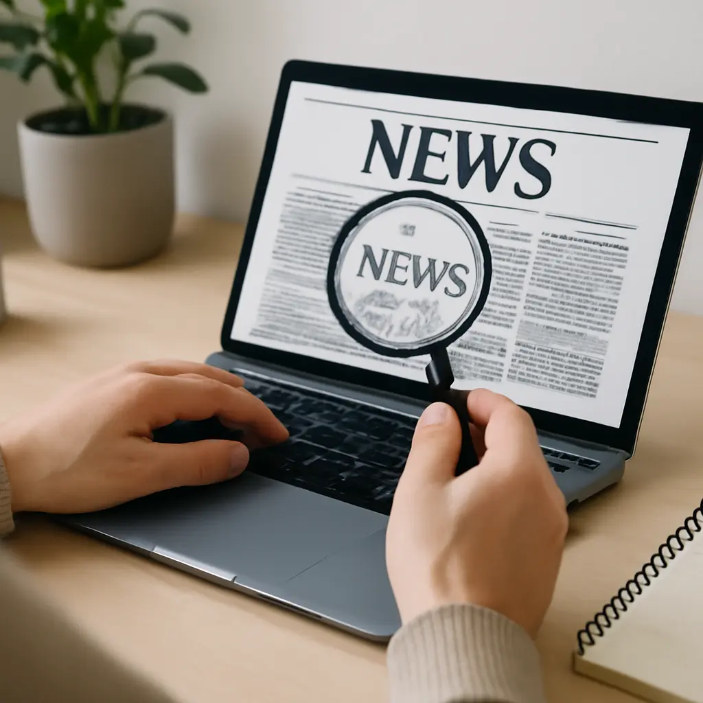 Person checking news on a laptop with magnifying glass
