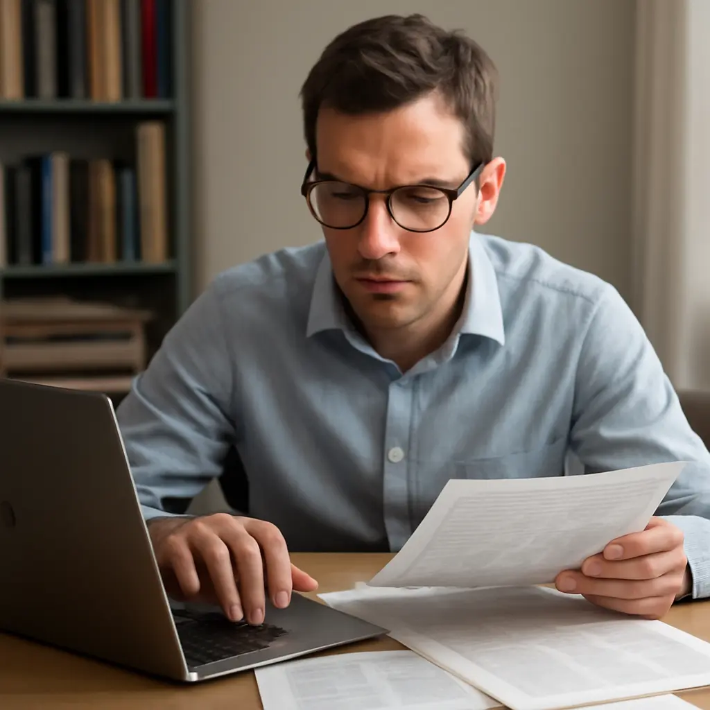 Journalist checking documents and websites to verify a news claim