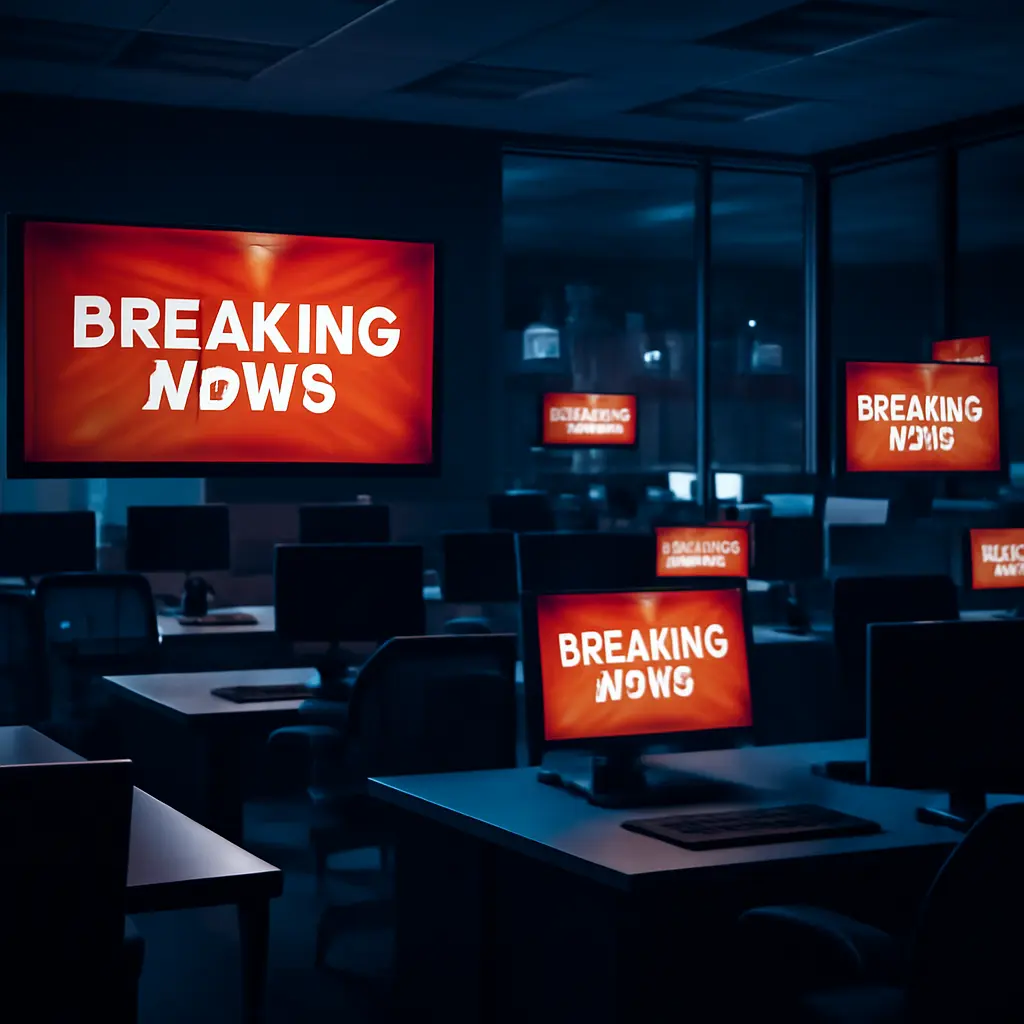 Empty newsroom with screens showing continuous breaking news coverage